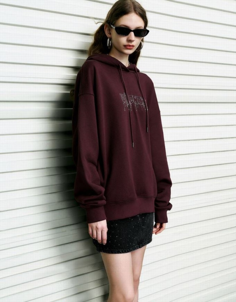 Burgundy Urban Revivo Drop Shoulder Sleeve Oversized Women's Hoodie | AXEFOR-629