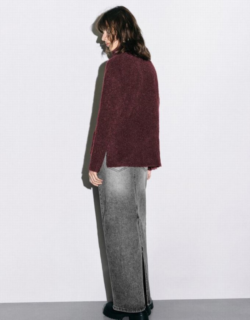 Burgundy Urban Revivo Stand Collar Straight Women's Sweaters | QFTZDC-940