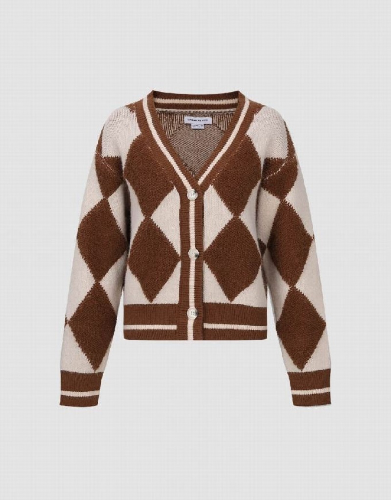 Coffee Urban Revivo Argyle Pattern V-Neck Knitted Women's Cardigan | QWYHAF-640