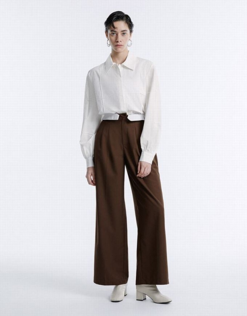 Coffee Urban Revivo Pleated Wide Leg Women's Pants | CEUITL-067