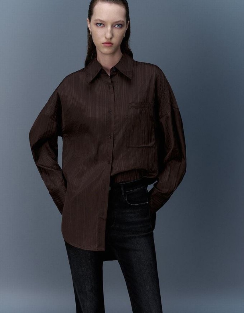 Coffee Urban Revivo Textured Button Up Oversized Women's Shirts | BLIYSO-573