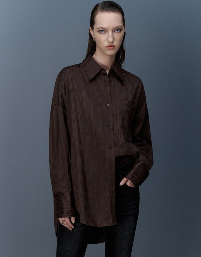 Coffee Urban Revivo Textured Button Up Oversized Women\'s Shirts | BLIYSO-573