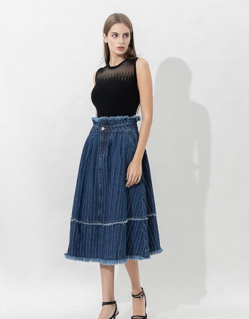 Dark Blue Urban Revivo Striped Raw Hem Midi A-Line Women's Denim Skirt | XMWYBL-829