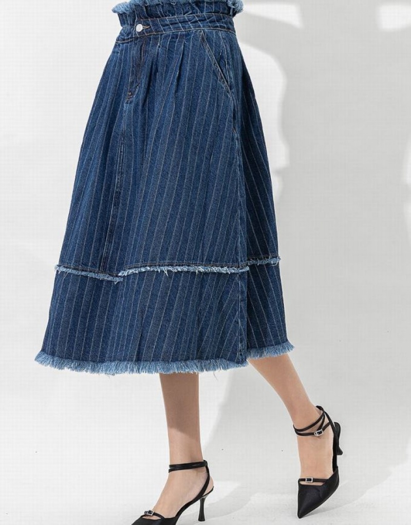 Dark Blue Urban Revivo Striped Raw Hem Midi A-Line Women's Denim Skirt | XMWYBL-829