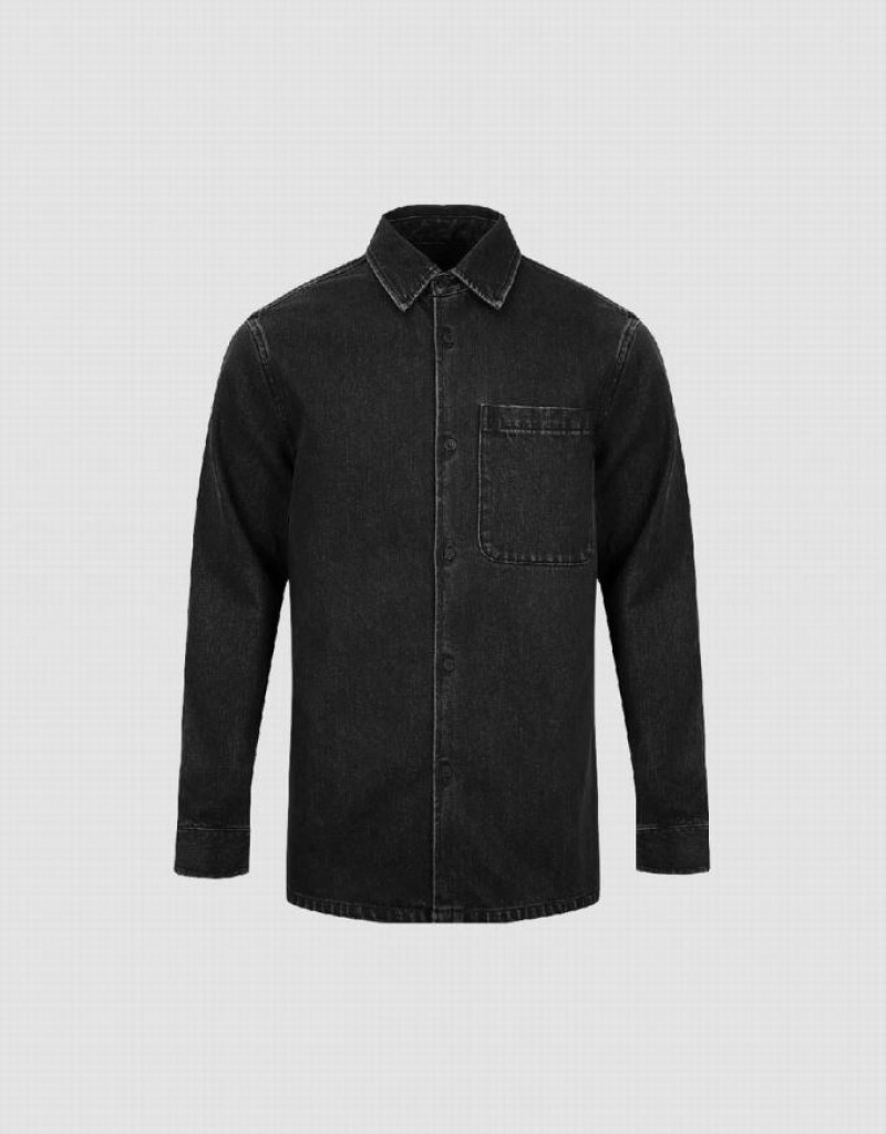 Dark Grey Urban Revivo Button Up Denim Men's Shirts | UJVAYC-318