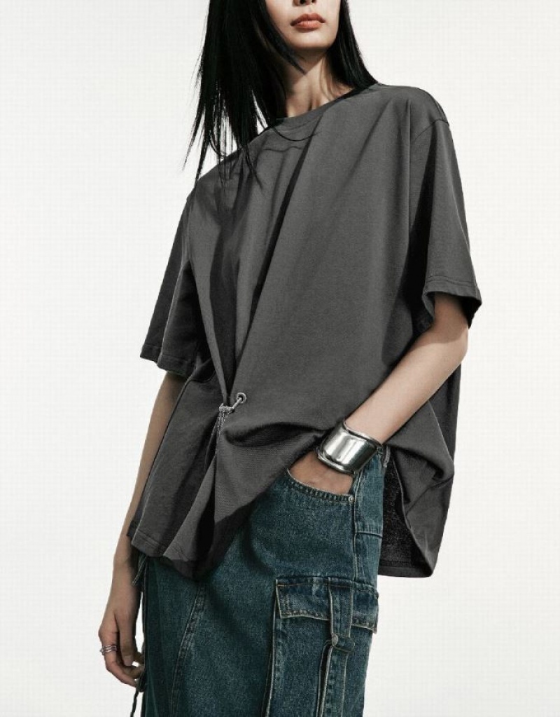 Dark Grey Urban Revivo Drop Shoulder Sleeve Loose Women's T-Shirts | VQOSYJ-972