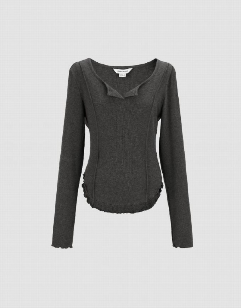 Dark Grey Urban Revivo Notch Neck Skinny Women's T-Shirts | ZBQEOL-507