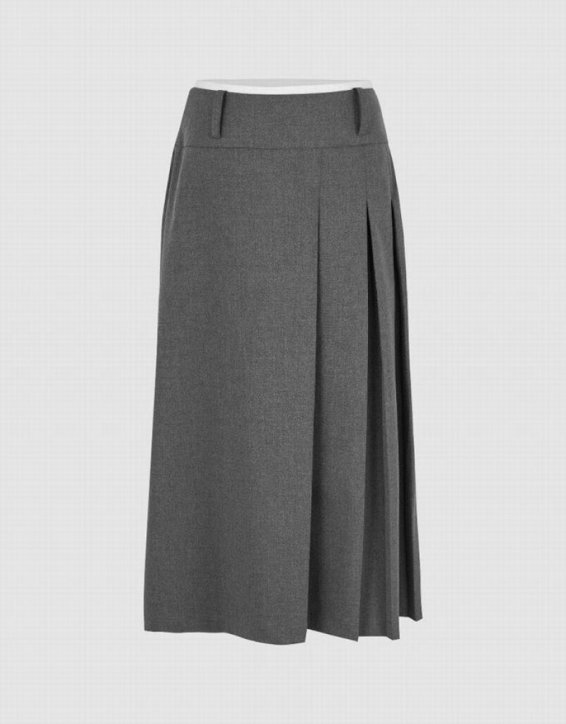 Dark Grey Urban Revivo Pleated Midi A-Line Women\'s Skirts | GLEVSN-530