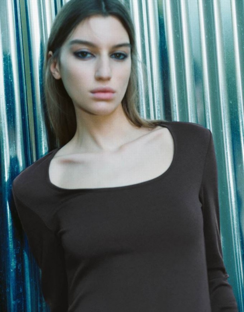 Dark Grey Urban Revivo U Neck Knitted Women's T-Shirts | ZBXJAO-863