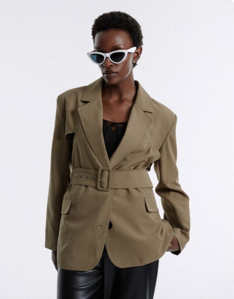 Dark Khaki Urban Revivo Buckle Belted Women's Blazers | IARZNF-398