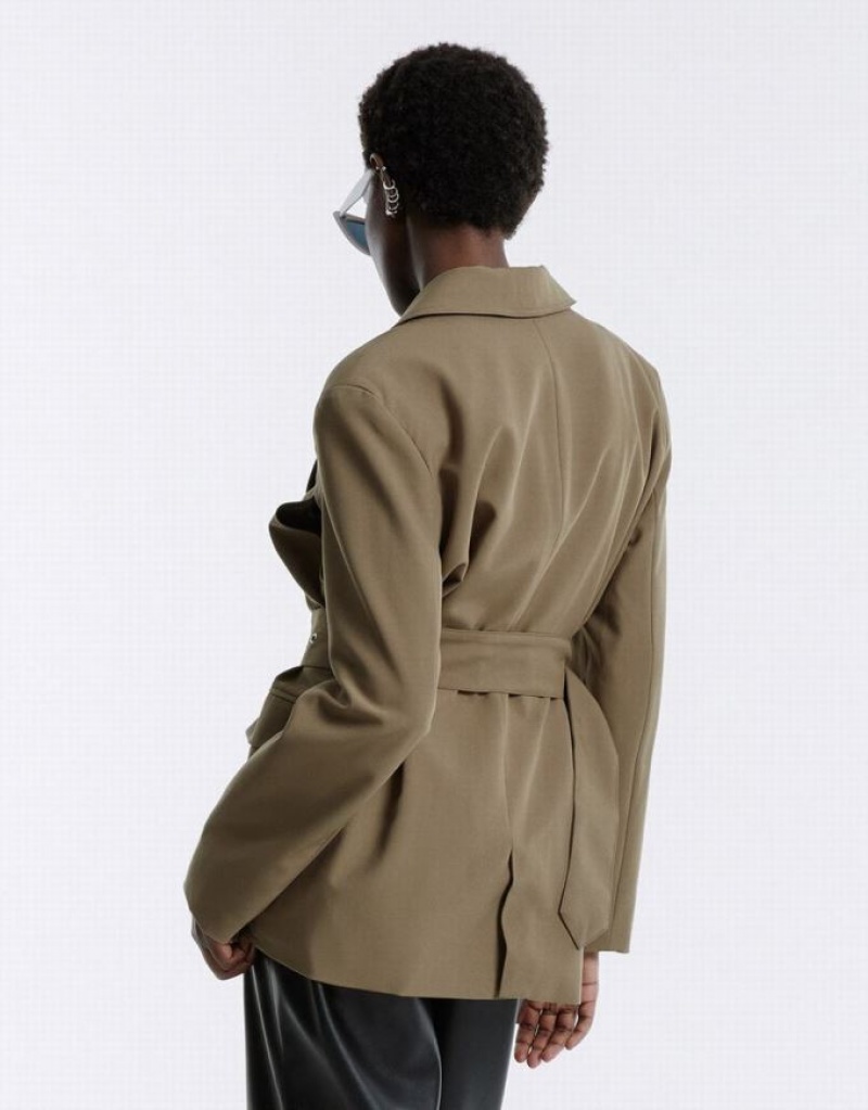 Dark Khaki Urban Revivo Buckle Belted Women's Blazers | IARZNF-398