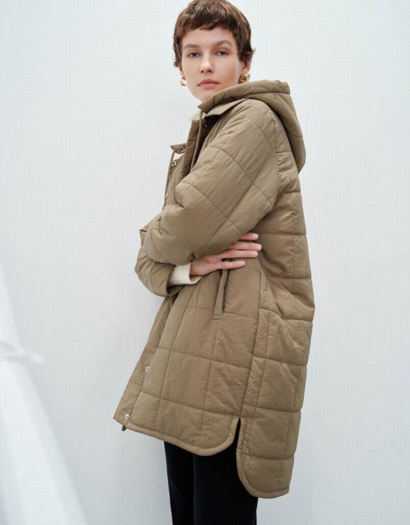 Dark Khaki Urban Revivo Hooded Straight Padded Women's Coats | RHIPNM-219