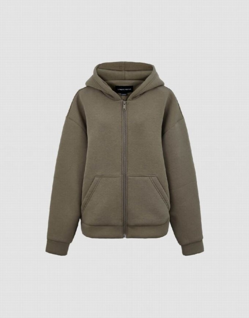 Dark Khaki Urban Revivo Zipper Front Hooded Oversized Women's Hooded Jackets | VTXUMQ-736