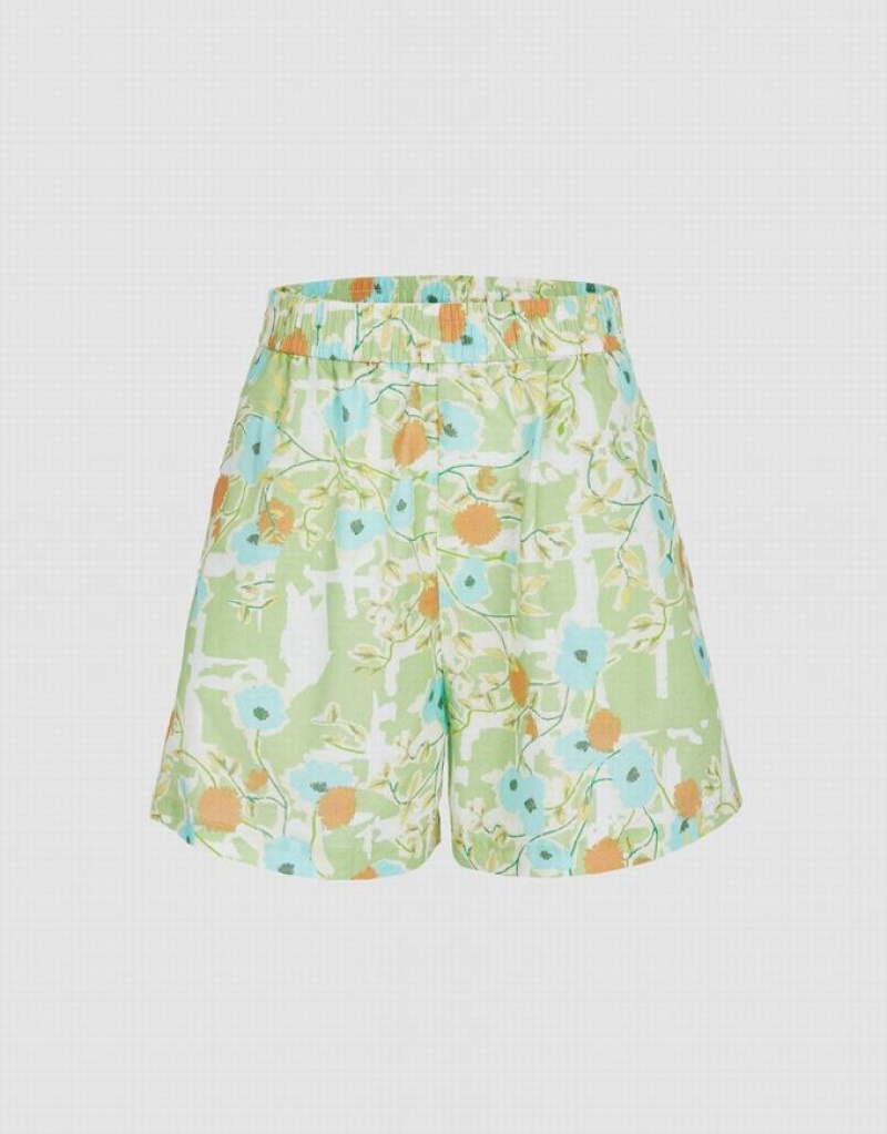 Green Urban Revivo Allover Print Elastic Waist Women\'s Shorts | UZWNBR-831