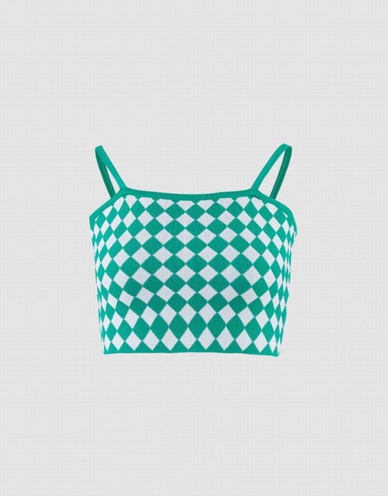 Green Urban Revivo Argyle Knitted Crop Women\'s Camisole | PWHNGK-370