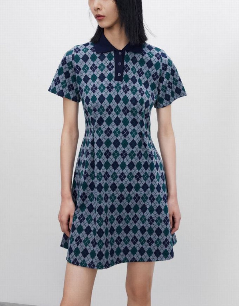 Green Urban Revivo Argyle Printed A-Line Women's Dress | IMGLPF-590