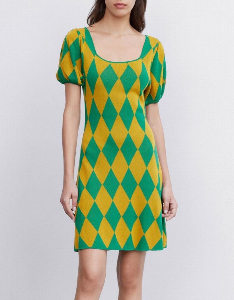 Green Urban Revivo Argyle Women's Knitted Dress | XAITVK-863