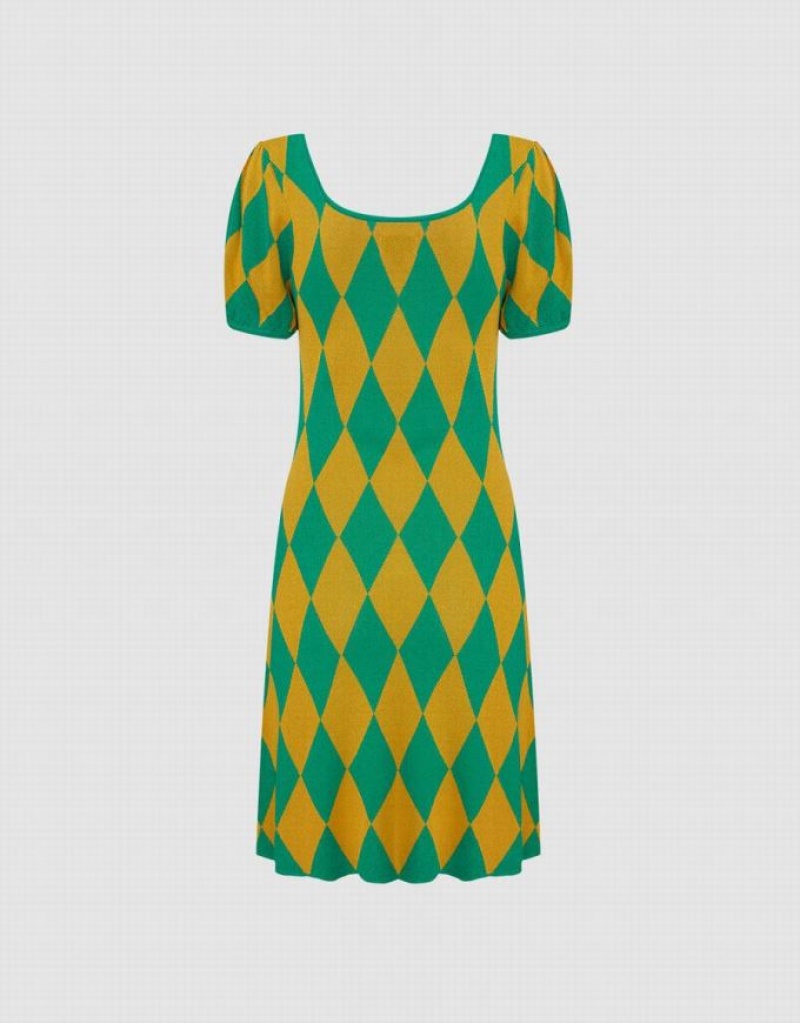 Green Urban Revivo Argyle Women's Knitted Dress | XAITVK-863