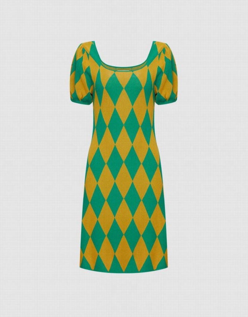 Green Urban Revivo Argyle Women\'s Knitted Dress | XAITVK-863