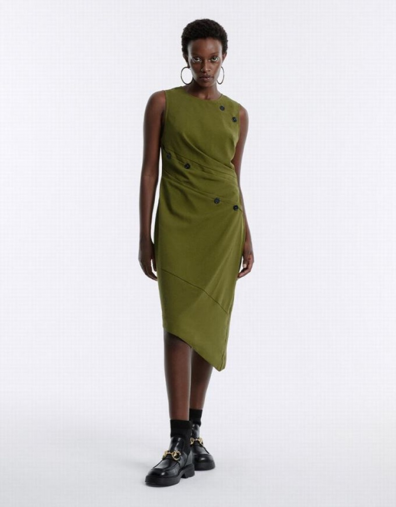 Green Urban Revivo Asymmetrical Buttoned Midi Women's Midi Dress | KQYSHR-548