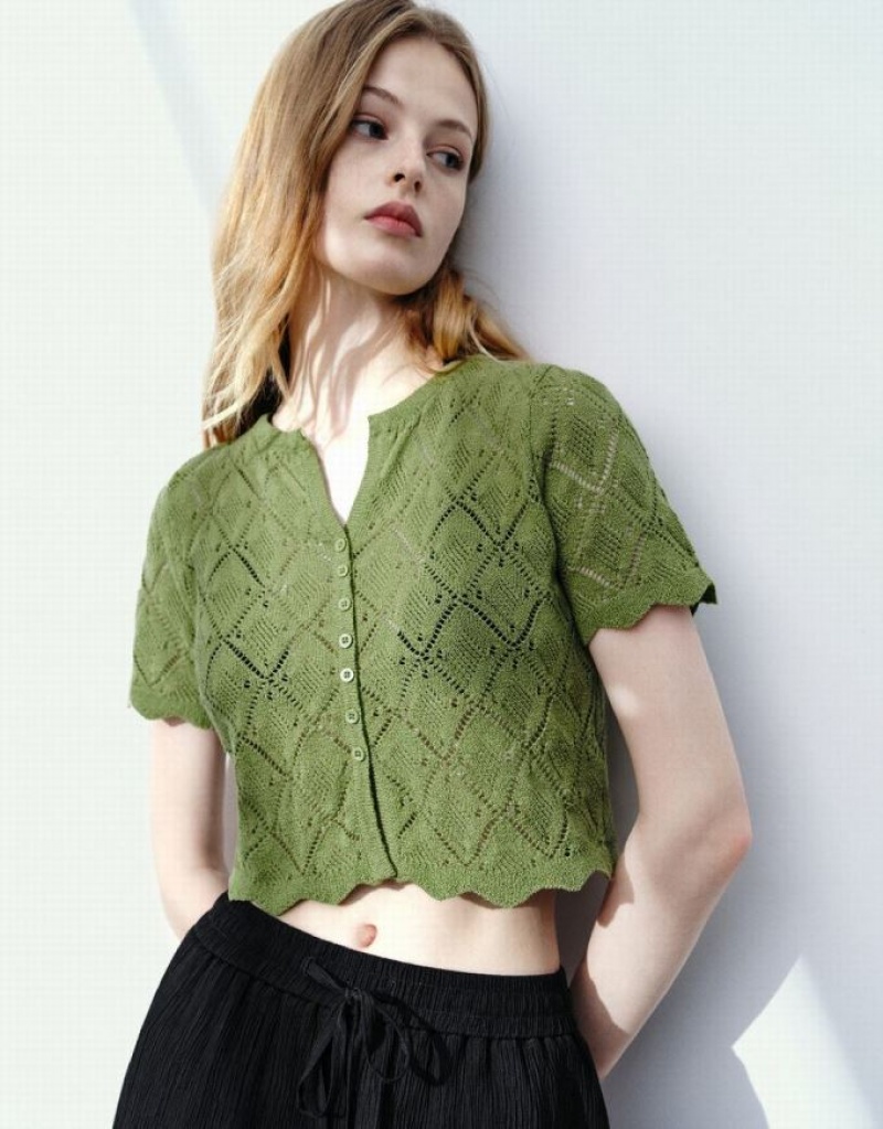 Green Urban Revivo Button Up Crew Neck Knitted Women's Cardigan | PEAZKU-421