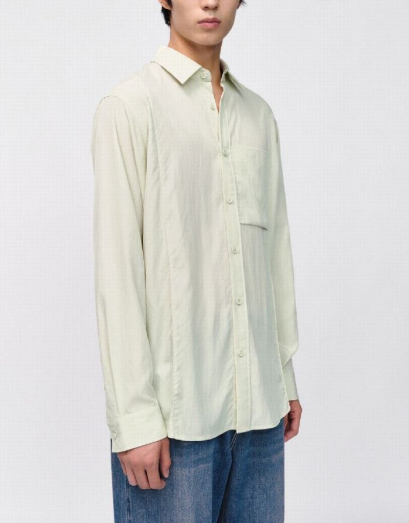 Green Urban Revivo Button Up Loose Men's Shirts | OYVCMD-496