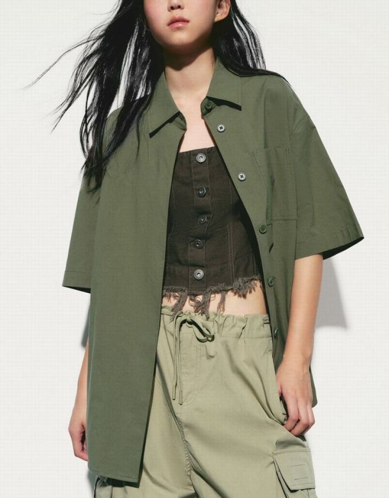 Green Urban Revivo Button Up Loose Women's Shirts | CZKTLG-674