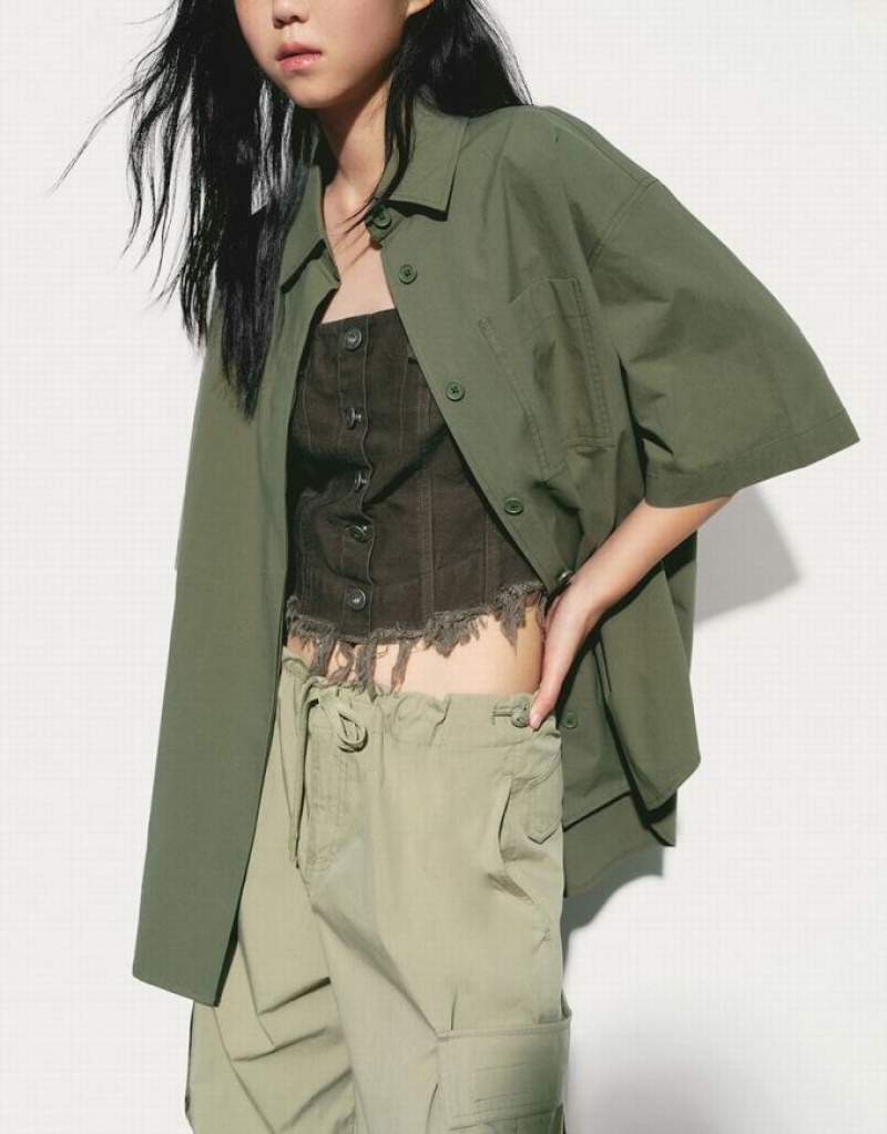 Green Urban Revivo Button Up Loose Women's Shirts | CZKTLG-674