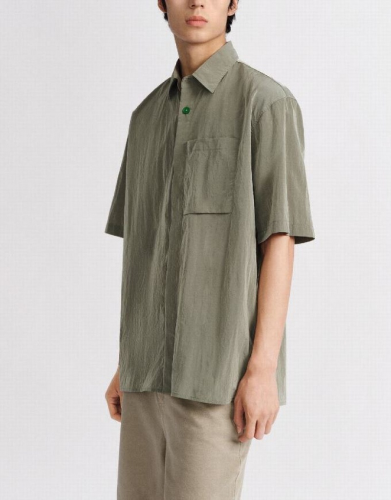 Green Urban Revivo Button Up Straight Men's Shirts | ZCQRAF-324