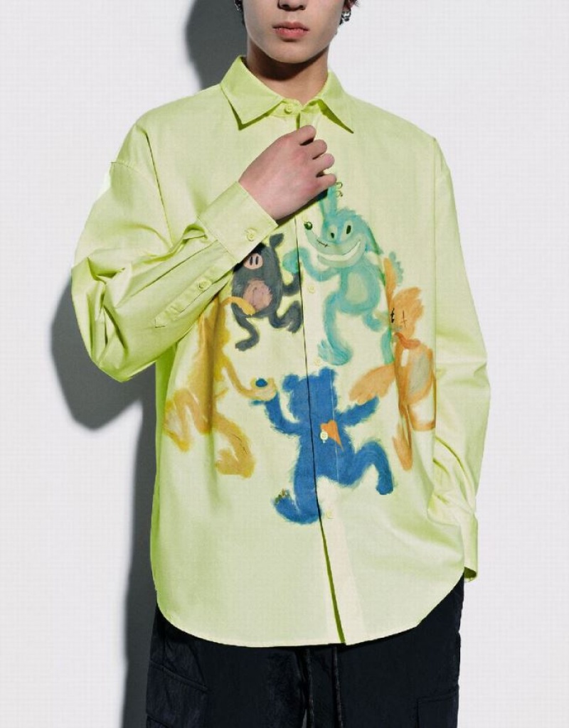 Green Urban Revivo Cartoon Printed Oversized Men's Shirts | MXGENY-069