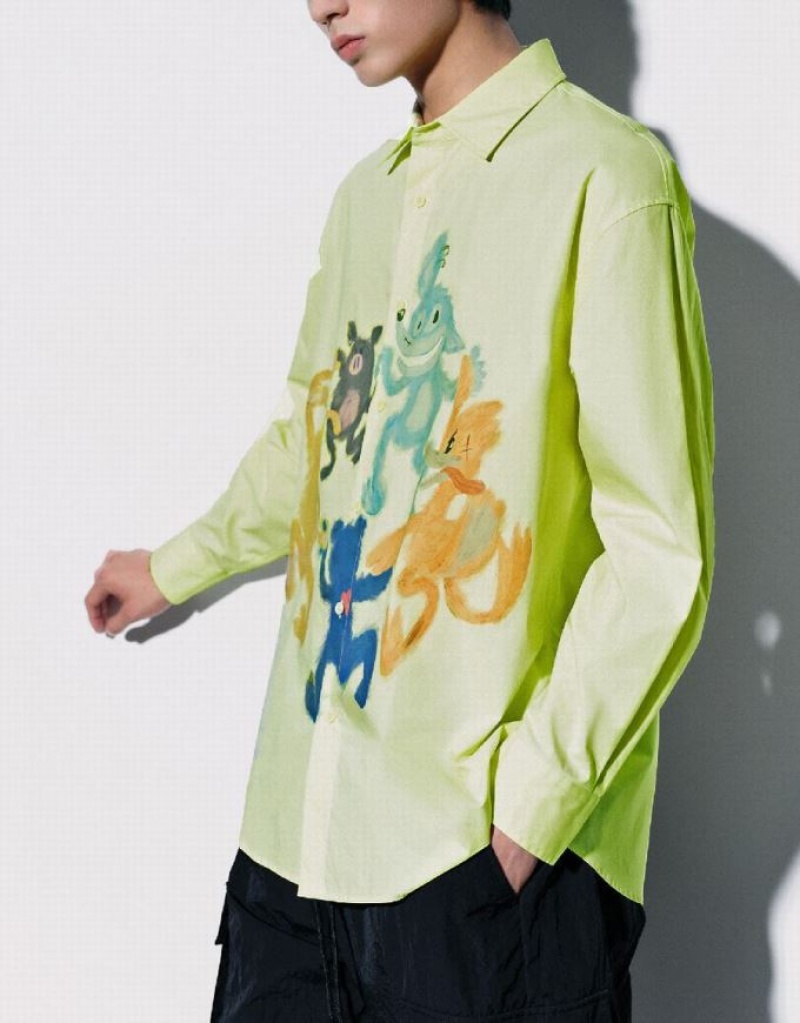 Green Urban Revivo Cartoon Printed Oversized Men's Shirts | MXGENY-069