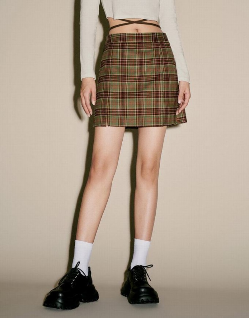 Green Urban Revivo Checkered Mini A-Line Women's Skirts | VQASUZ-064