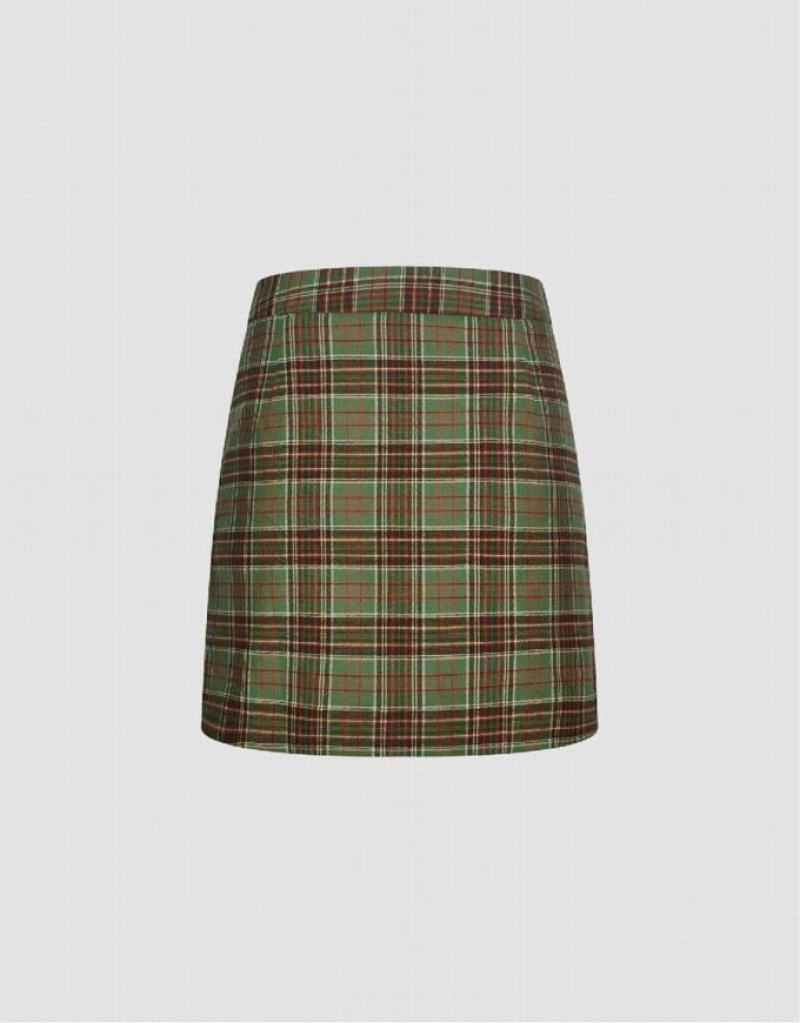 Green Urban Revivo Checkered Mini A-Line Women's Skirts | VQASUZ-064