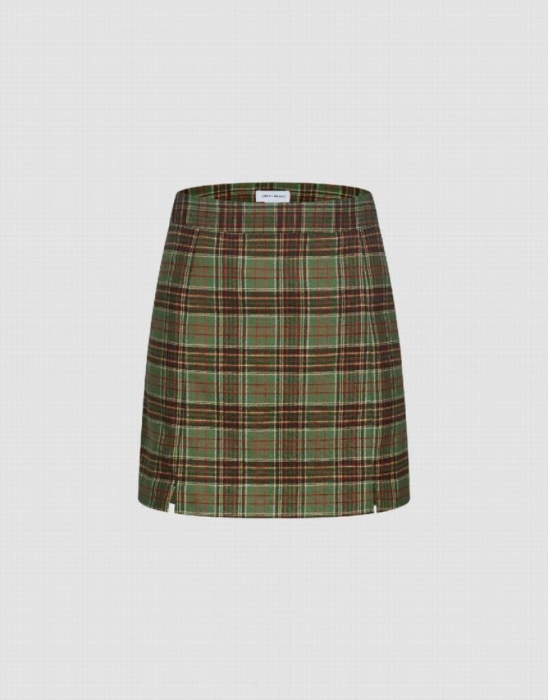 Green Urban Revivo Checkered Mini A-Line Women\'s Skirts | VQASUZ-064