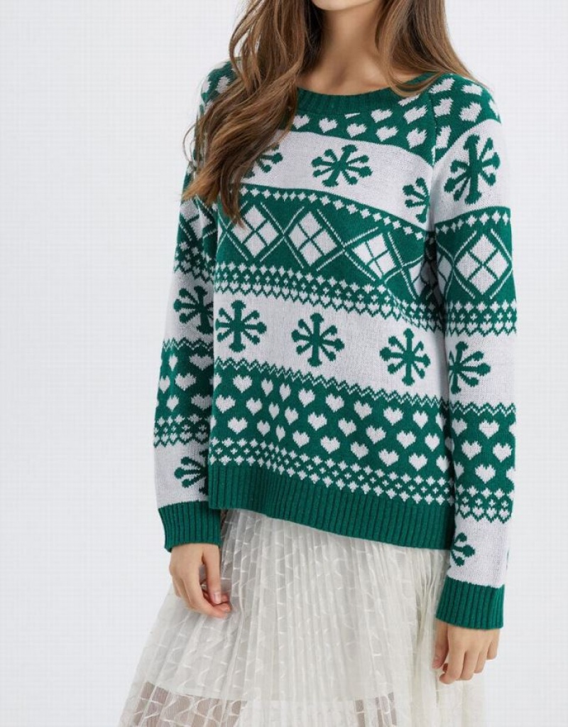 Green Urban Revivo Christmas Snowflake Crew Neck Holiday Women's Sweaters | KLRNEV-054