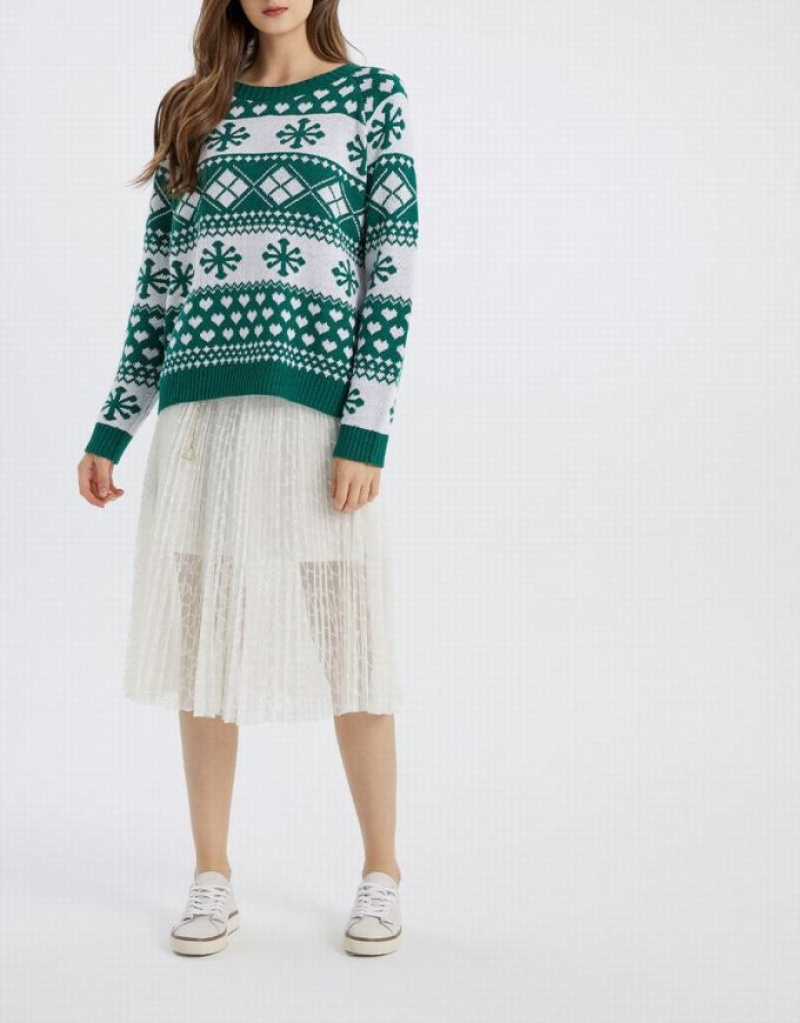 Green Urban Revivo Christmas Snowflake Crew Neck Holiday Women's Sweaters | KLRNEV-054