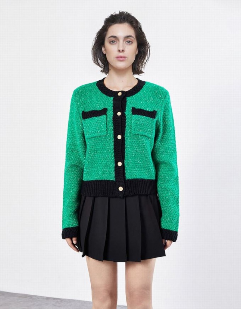 Green Urban Revivo Contrast Trim Patched Pocket Women's Cardigan | VBDLAC-942