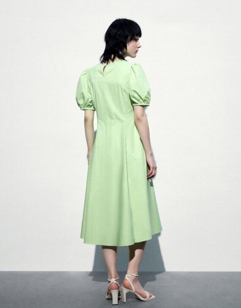 Green Urban Revivo Crew Neck A-Line Women's Dress | XGMZNC-027