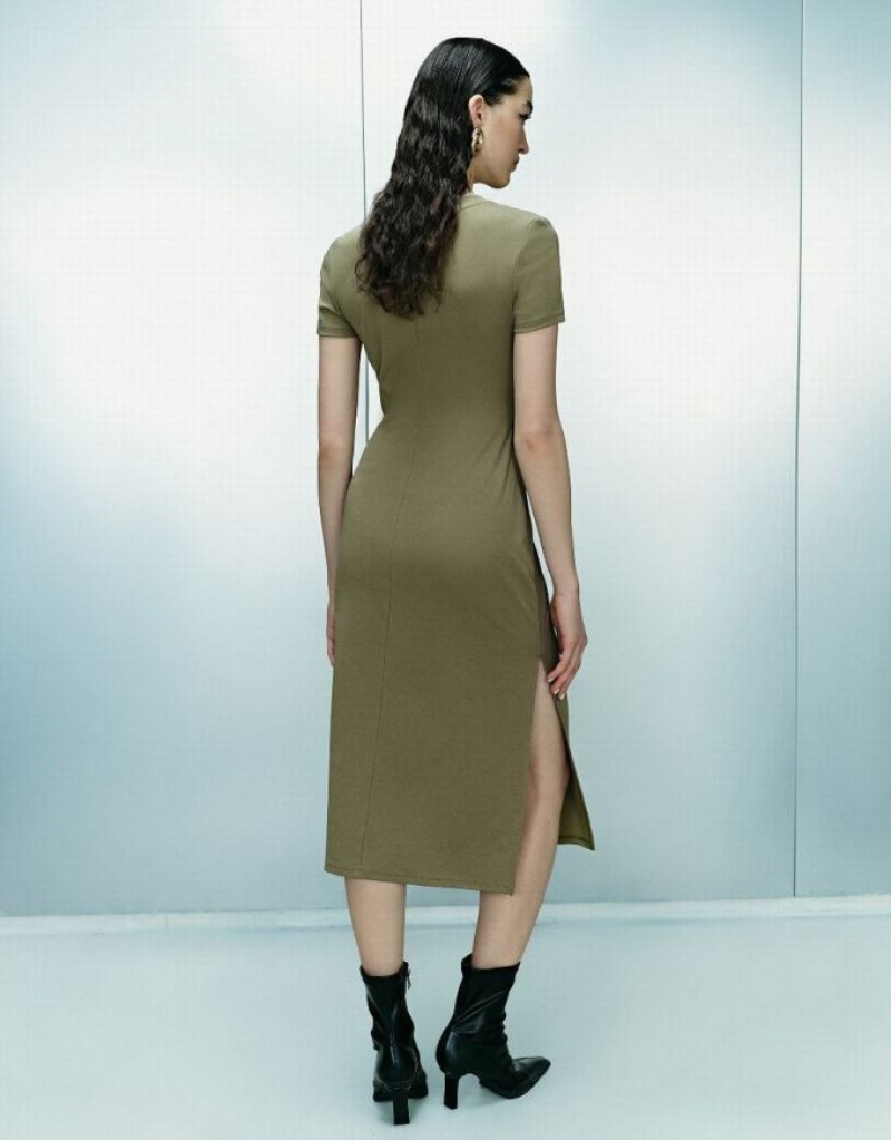 Green Urban Revivo Crew Neck Skinny Women's Dress | YIABCL-310