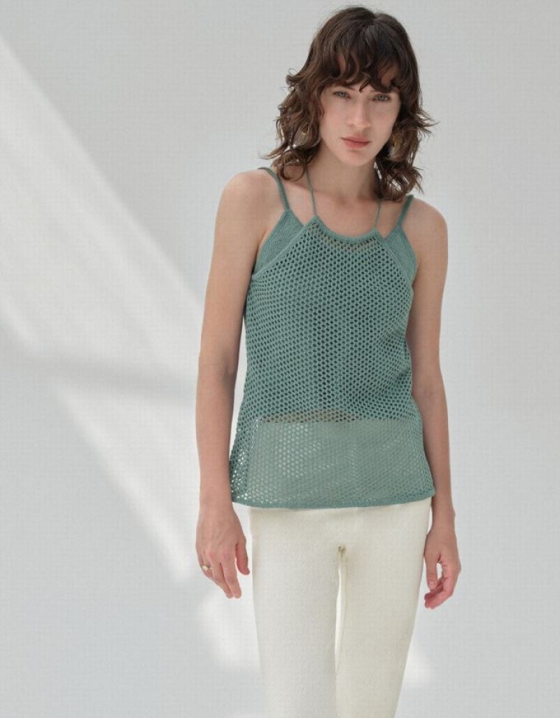 Green Urban Revivo Crochet Kntted Cami Top Women\'s Cardigan | CJFIVT-915