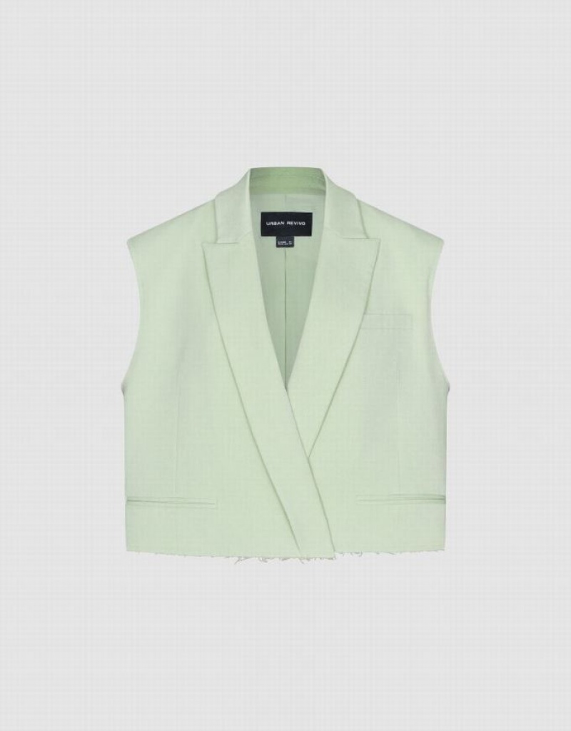 Green Urban Revivo Cropped Peaked Lapel Women's Blazers | YVPWZX-318