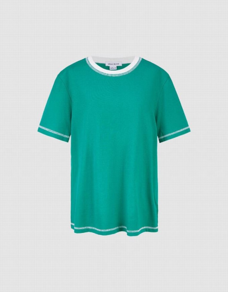 Green Urban Revivo Drop Shoulder Sleeve Crew Neck Women's T-Shirts | IYEXNU-708