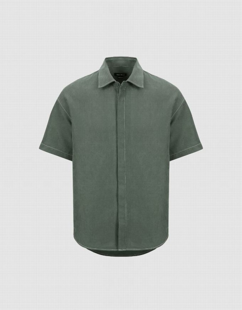 Green Urban Revivo Drop Shoulder Sleeve Loose Men's Shirts | ULCPGA-726