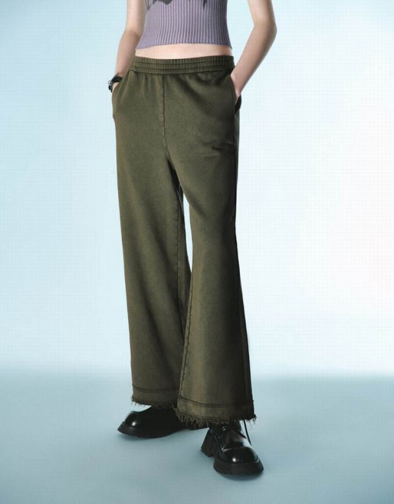 Green Urban Revivo Elastic Waist Knitted Wide-Leg Women's Pants | XWZYTQ-125