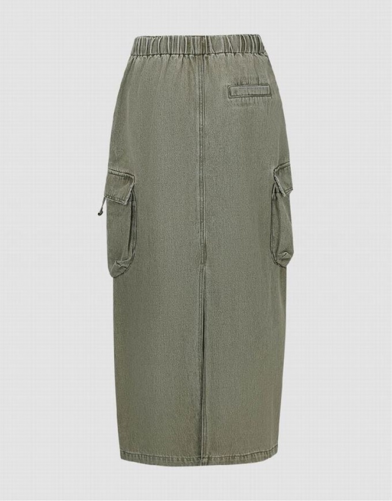 Green Urban Revivo Elastic Waist Straight Women's Denim Skirt | WKMSQI-715