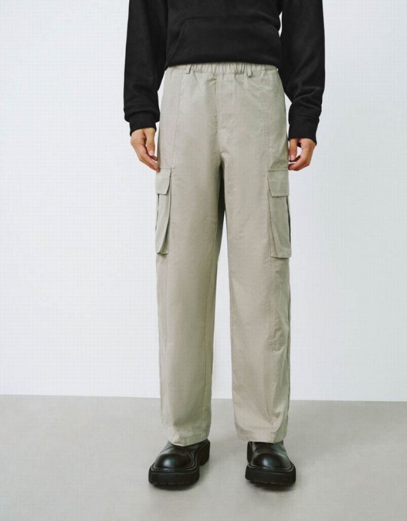 Green Urban Revivo Elastic Waist Wide-Leg Men's Pants | FZEQNJ-461