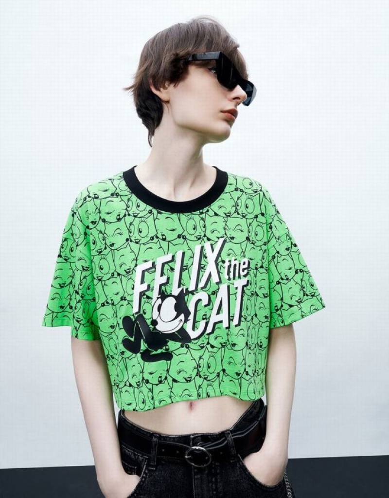 Green Urban Revivo Felix The Cat Printed Crew Neck Women's T-Shirts | WGUPYJ-056