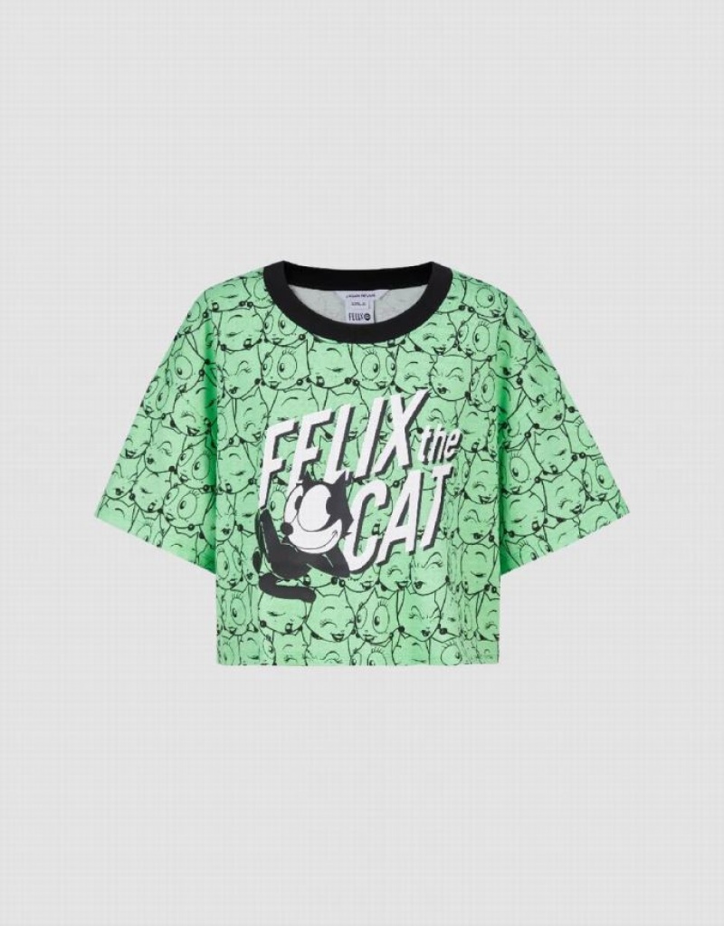 Green Urban Revivo Felix The Cat Printed Crew Neck Women's T-Shirts | WGUPYJ-056