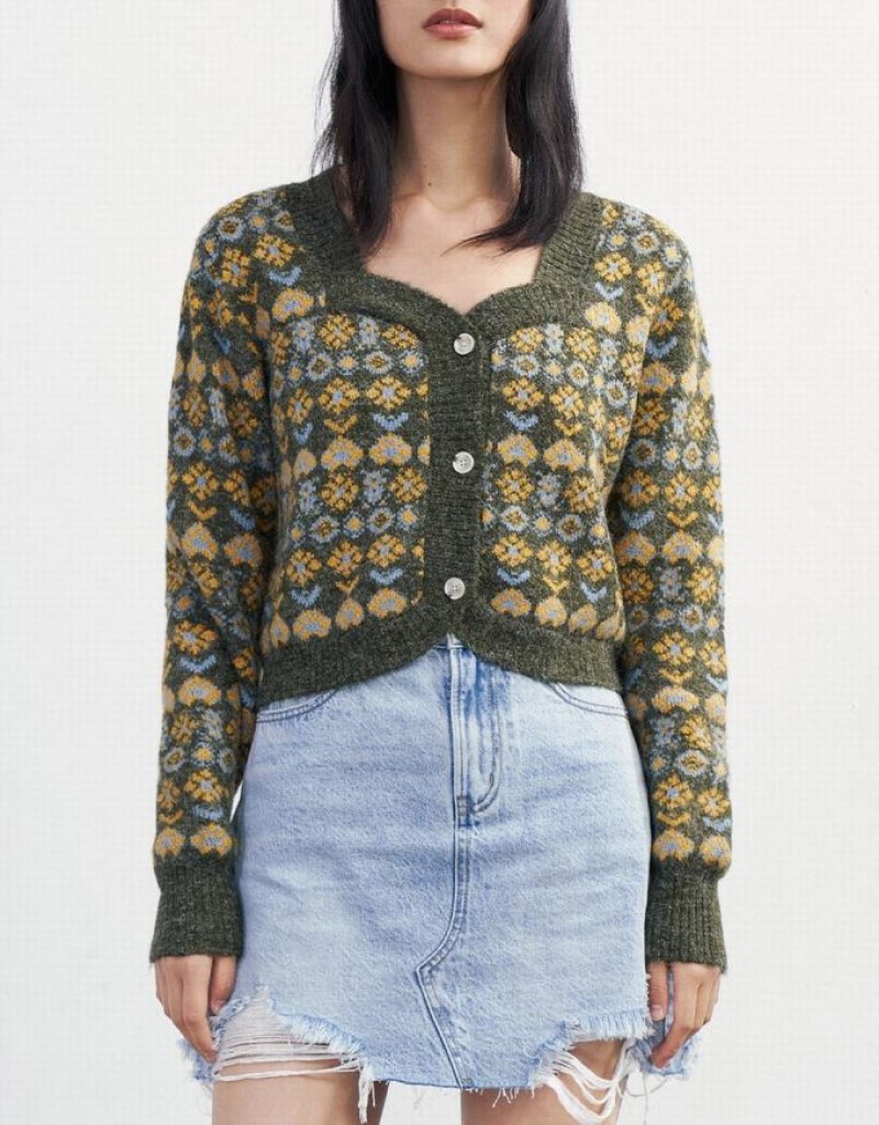 Green Urban Revivo Floral Button Up Women's Cardigan | AUQRIL-065