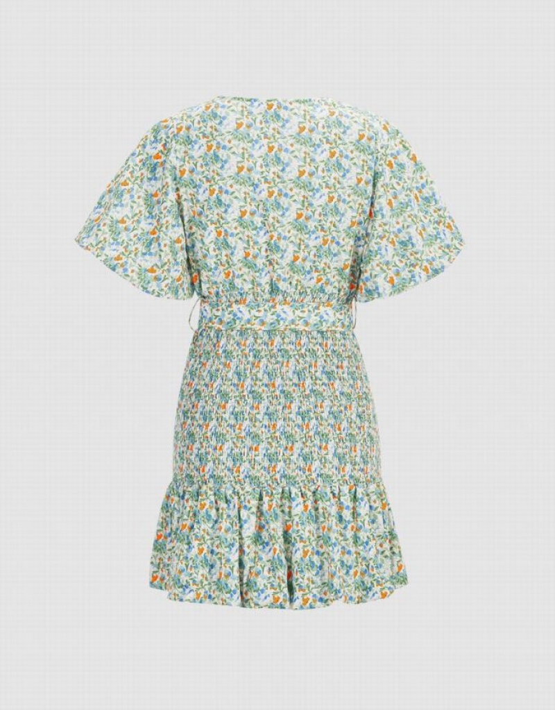 Green Urban Revivo Floral Print Shirred Belted Women's Casual Dress | ERPHCY-245